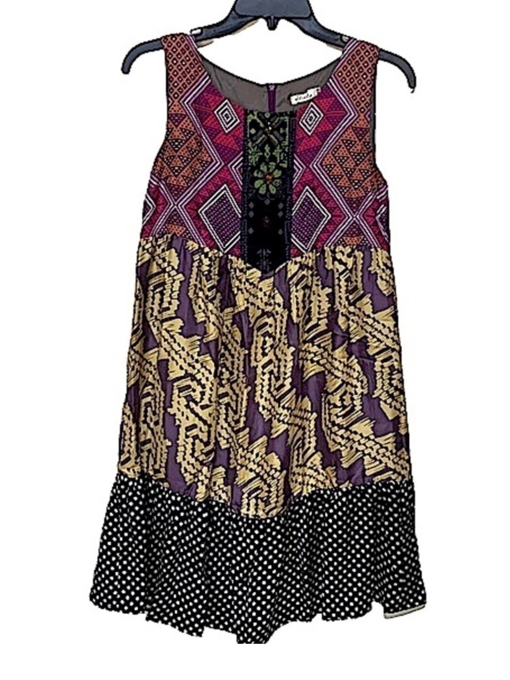 Whitley 100% Silk Mixed Print Sleeveless Tiered Babydoll Dress XS Boho
